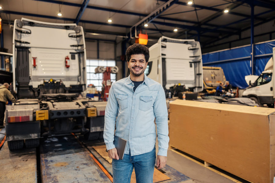 A fleet manager happily stands in the shop prepping vehicles for their routes.